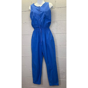 Vintage 1990s Blue Cotton Sleeveless Jumpsuit Drawstring Waist Large